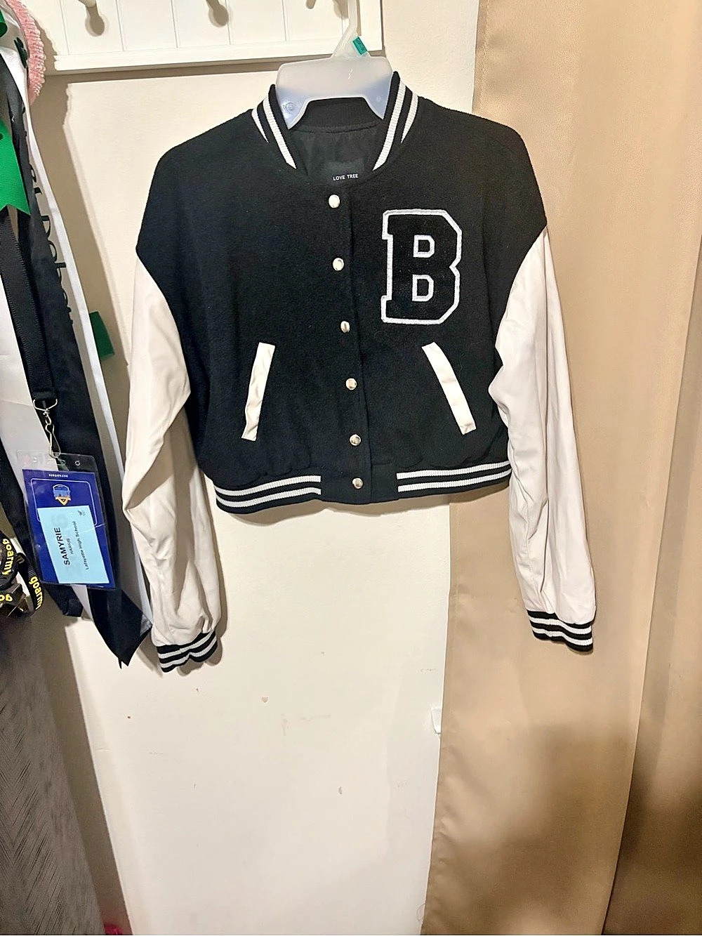 Love Tree Varsity Contrast Sleeve Crop Jacket Black & White